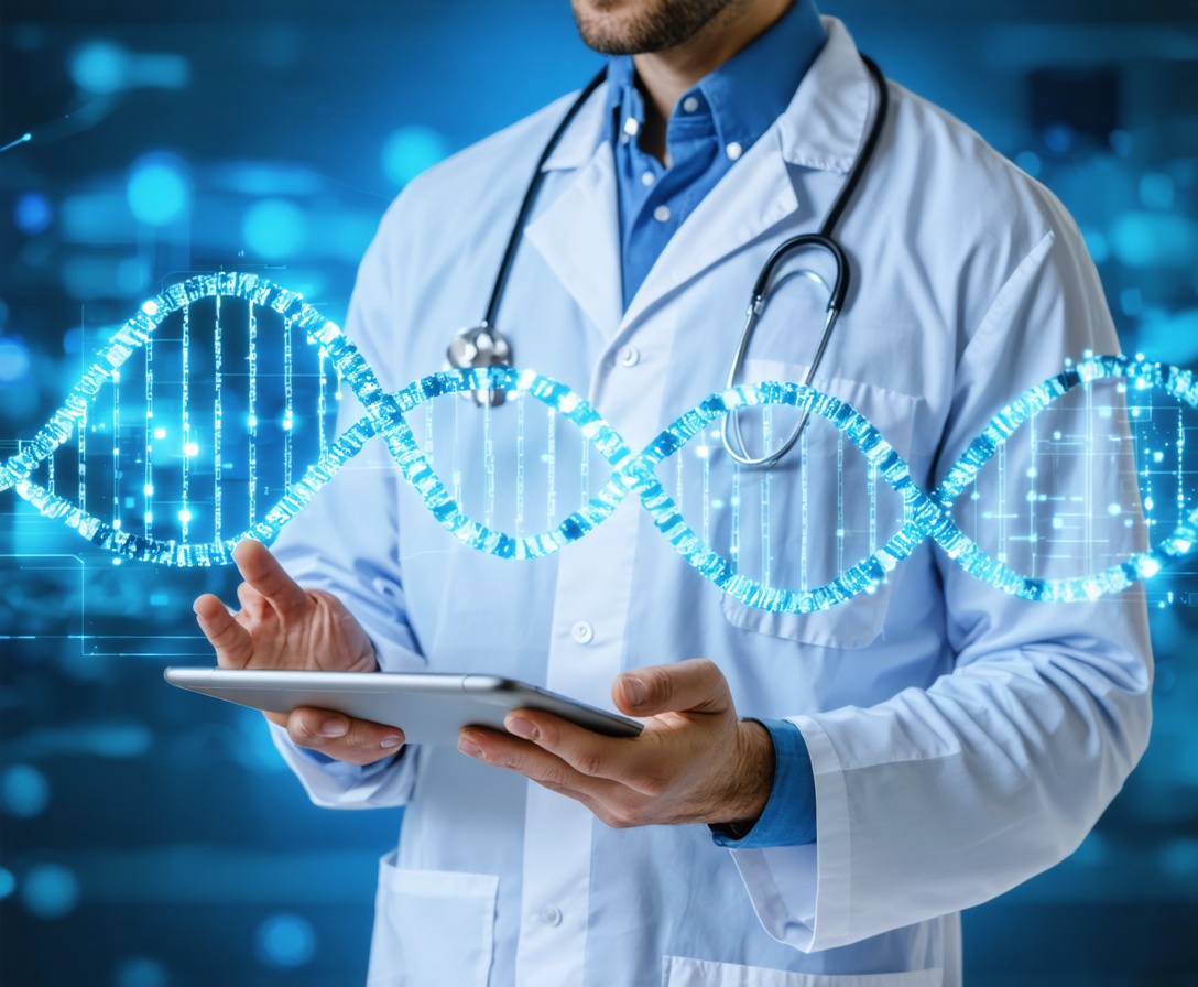 Medical professional using a secure tablet with holographic DNA data