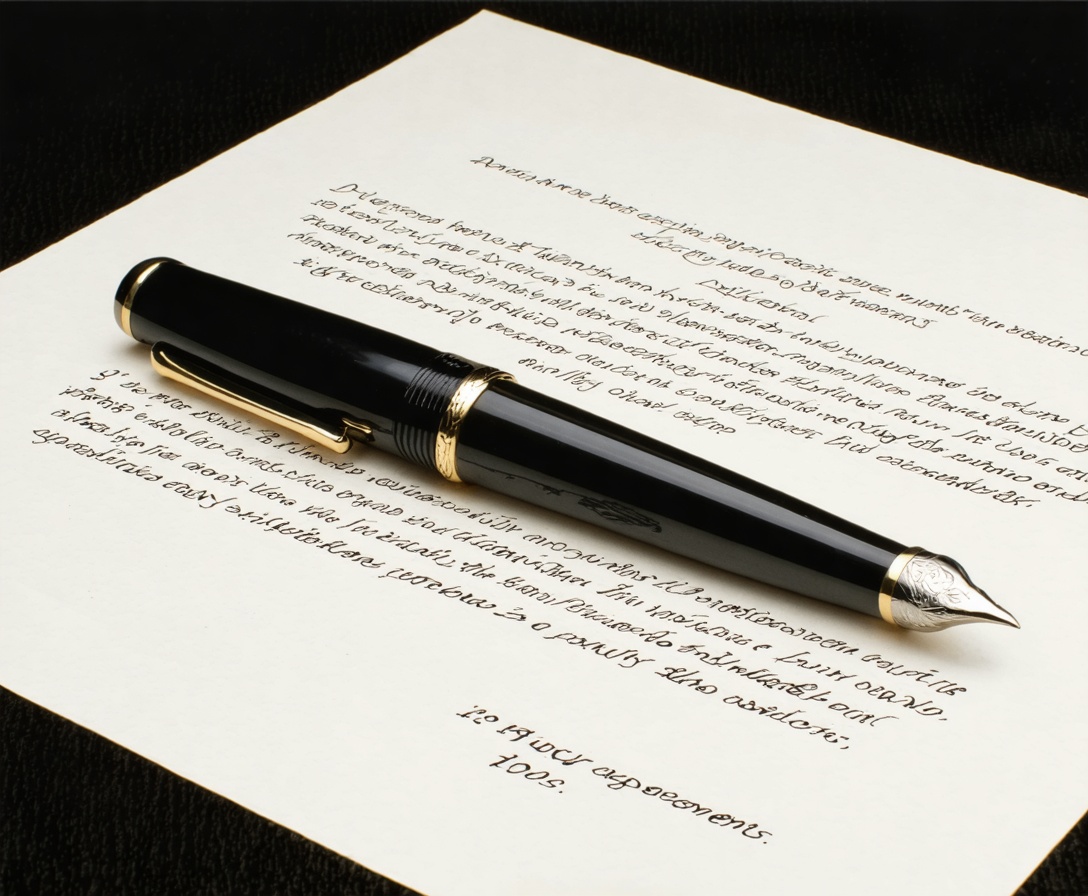 Fountain pen on dark textured paper with digital accents